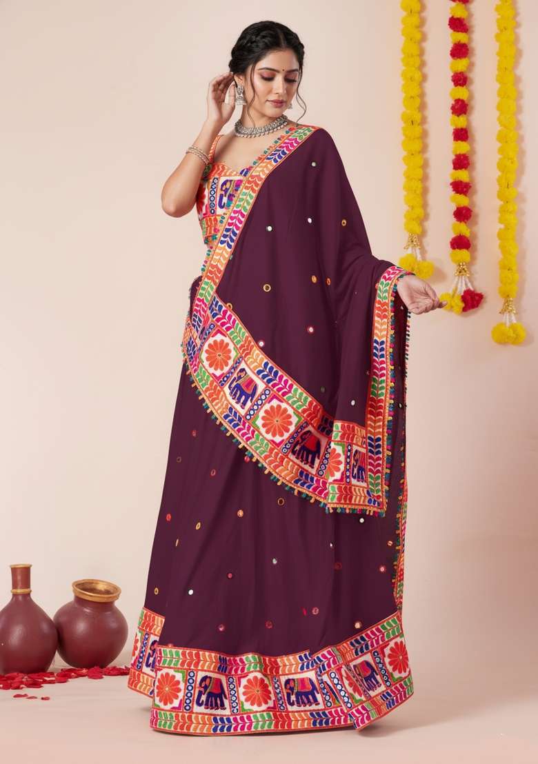 Wine Zari Work Rayon Chaniya Choli Set For Navratri And Garba for Diwali and Festive Wear - Indya