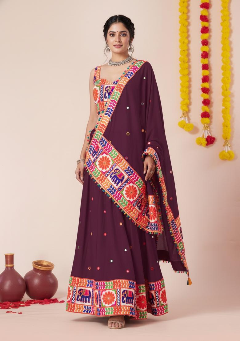Wine Zari Work Rayon Lehenga Set - Indya