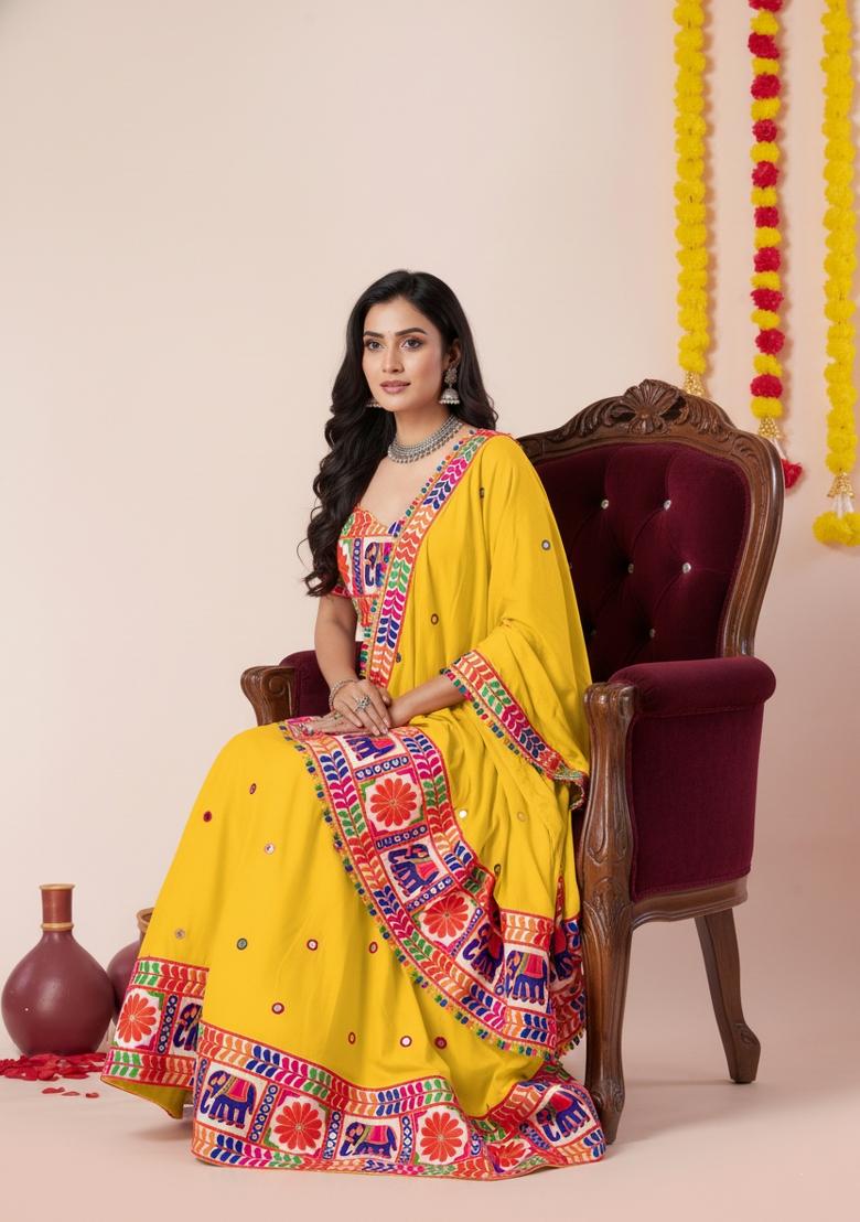 Yellow Zari Work Rayon Lehenga Set - Indya