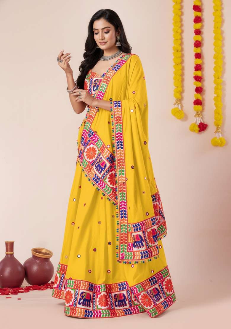 Yellow Zari Work Rayon Chaniya Choli Set For Navratri And Garba for Diwali | Wedding & Festive Wear - Indya
