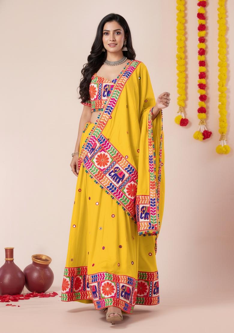 Yellow Zari Work Rayon Lehenga Set - Indya