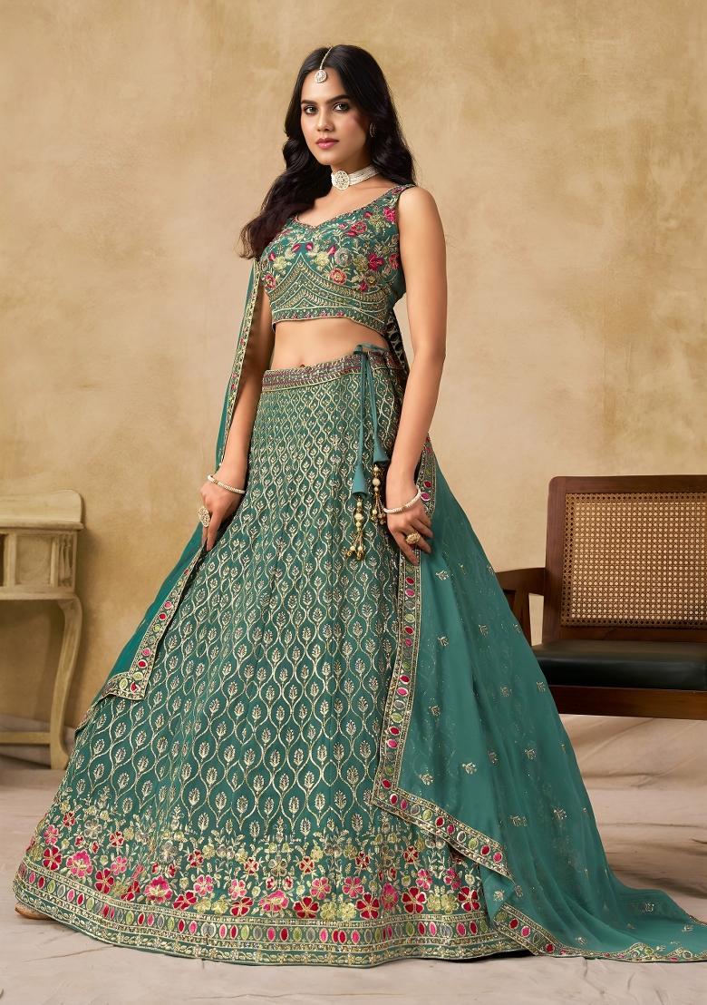 Turquoise Sequins And Thread Embroidery Work Georgette Lehenga Choli - Indya