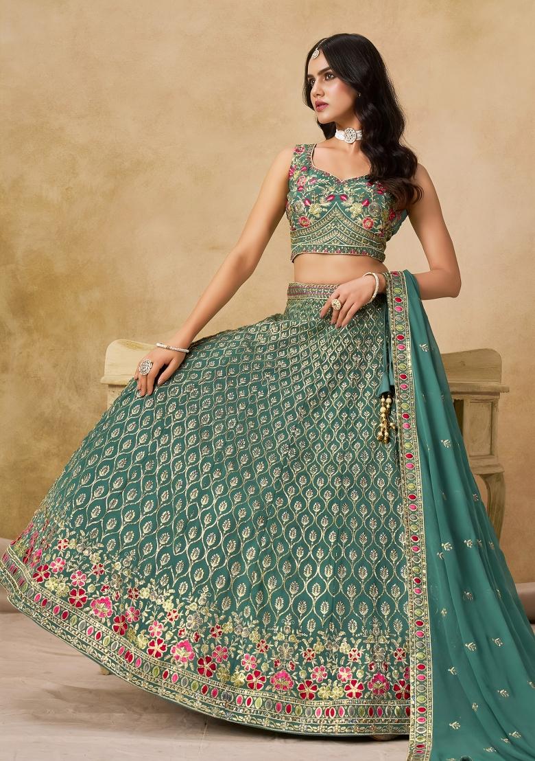 Turquoise Sequins And Thread Embroidery Work Georgette Lehenga Choli - Indya
