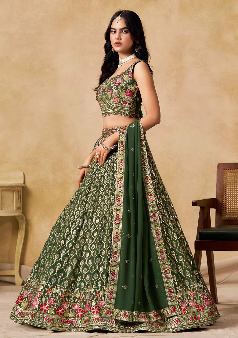 Green Sequins And Thread Embroidery Work Georgette Lehenga Choli - Indya