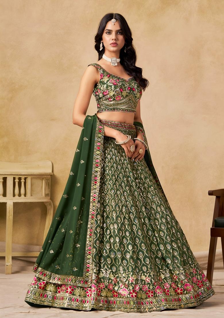Green Sequins And Thread Embroidery Work Georgette Lehenga Choli - Indya