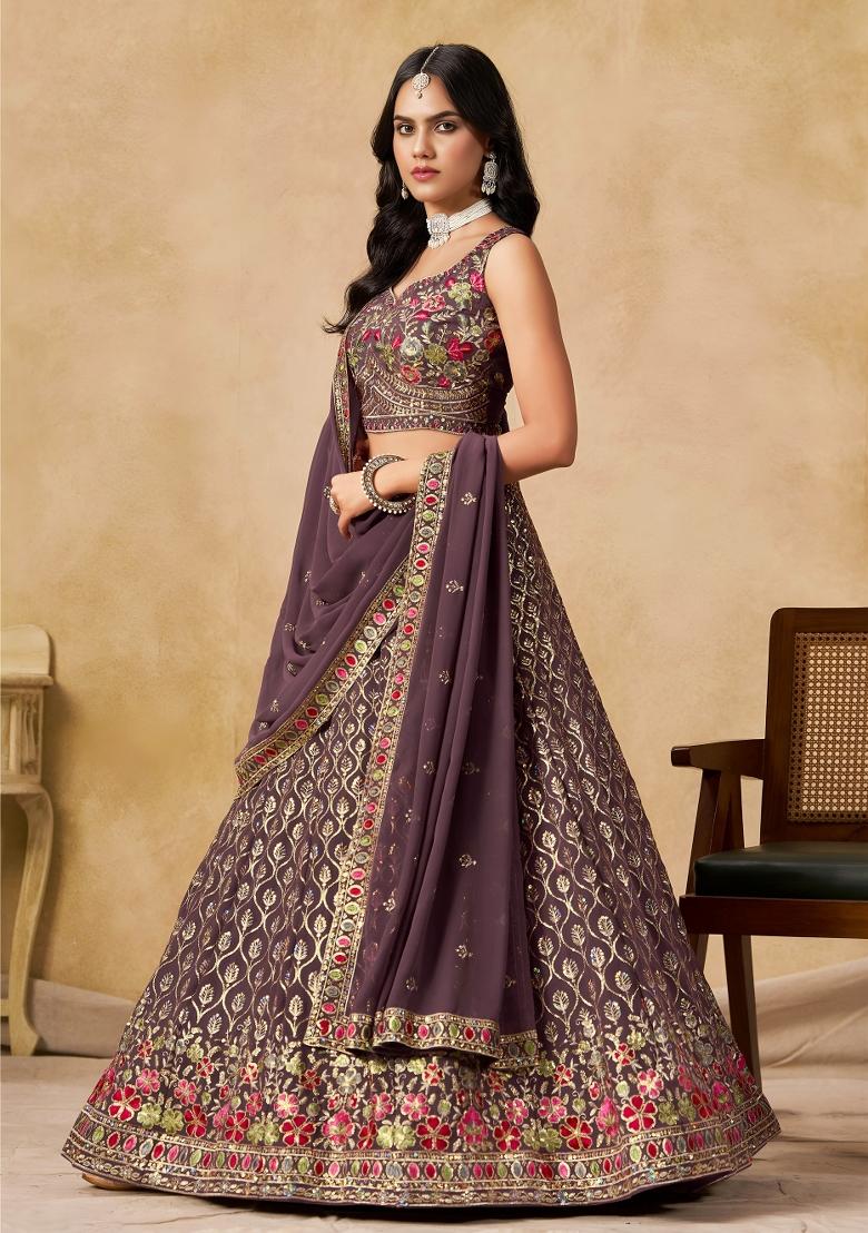 Light Purple Sequins And Thread Embroidery Work Georgette Lehenga Choli - Indya