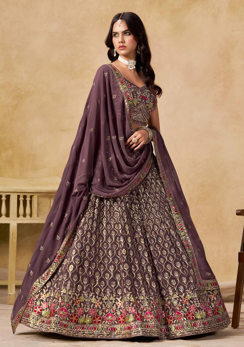 Light Purple Sequins And Thread Embroidery Work Georgette Lehenga Choli - Indya