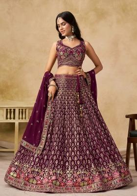 Wine Sequins And Thread Embroidery Work Georgette Lehenga Choli