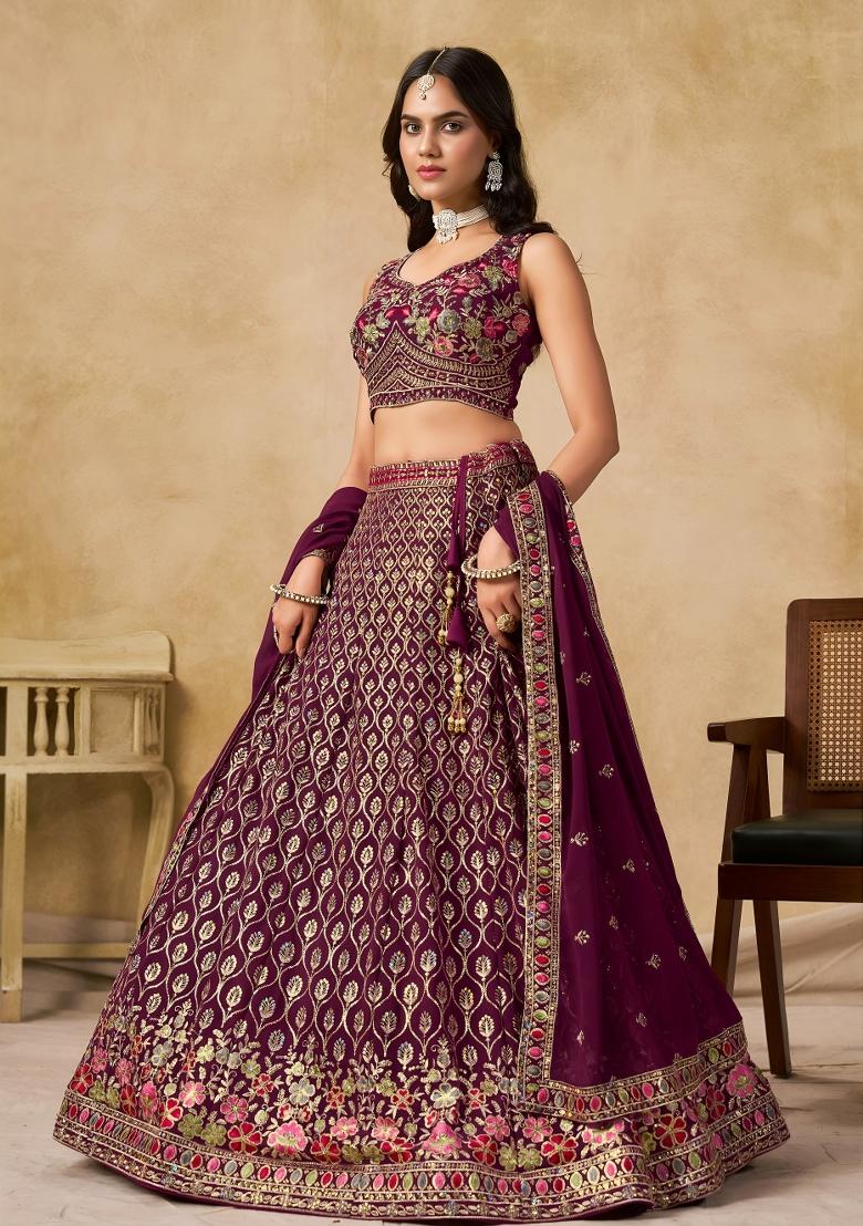 Wine Sequins And Thread Embroidery Work Georgette Lehenga Choli - Indya