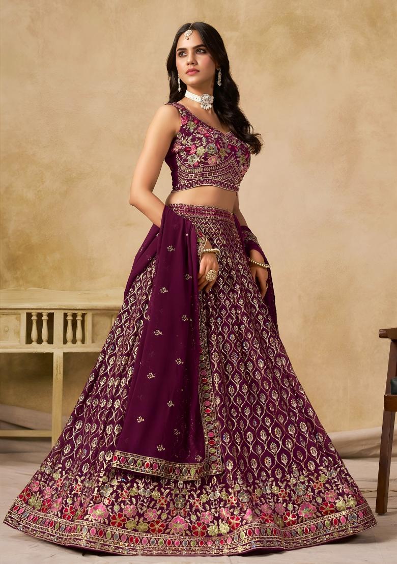Wine Sequins And Thread Embroidery Work Georgette Lehenga Choli - Indya