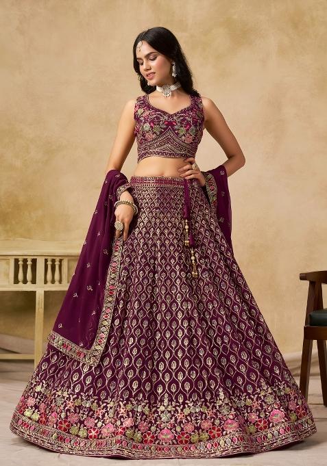 Wine Sequins And Thread Embroidery Work Georgette Lehenga Choli