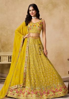 Yellow Sequins And Thread Embroidery Work Georgette Lehenga Choli