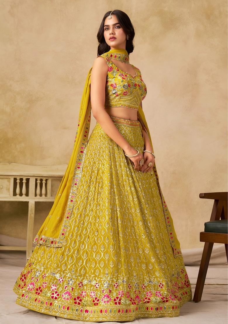 Yellow Sequins And Thread Embroidery Work Georgette Lehenga Choli - Indya