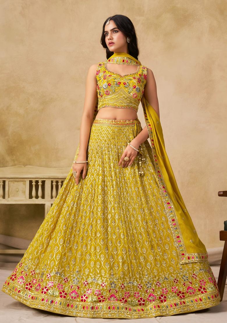 Yellow Sequins And Thread Embroidery Work Georgette Lehenga Choli - Indya