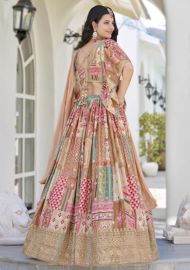 Beige Sequins And Thread Embroidery Work Georgette Lehenga Choli - Indya