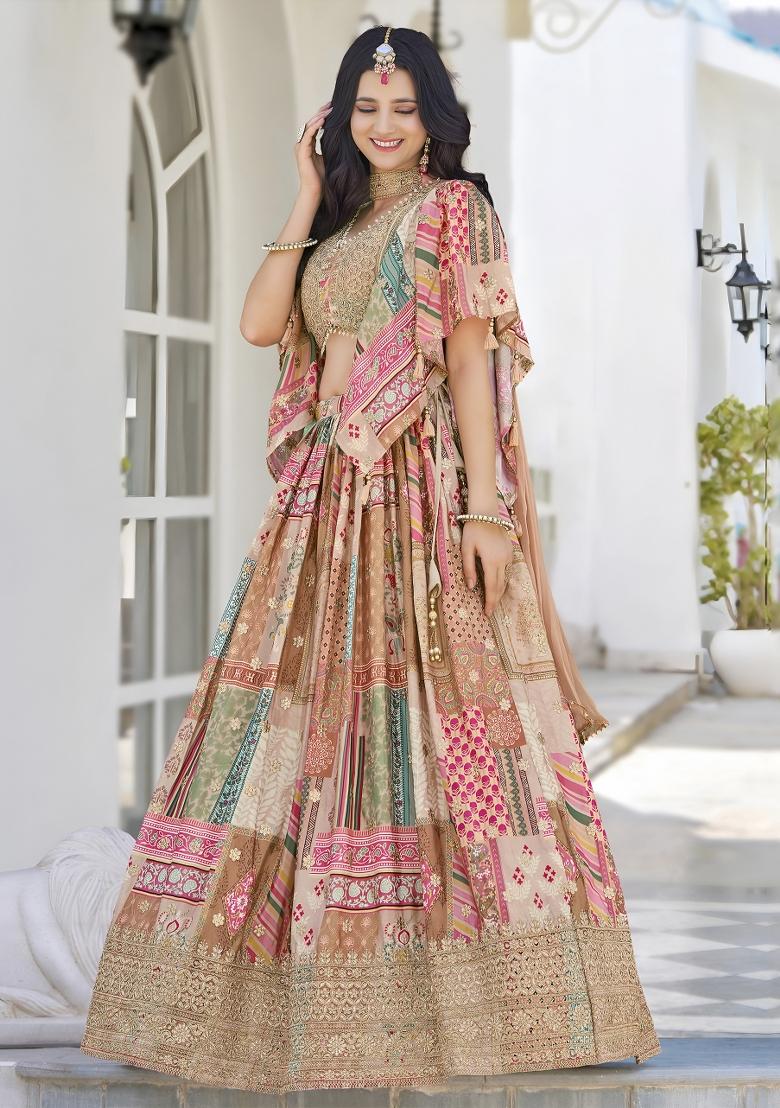 Beige Sequins And Thread Embroidery Work Georgette Lehenga Choli - Indya