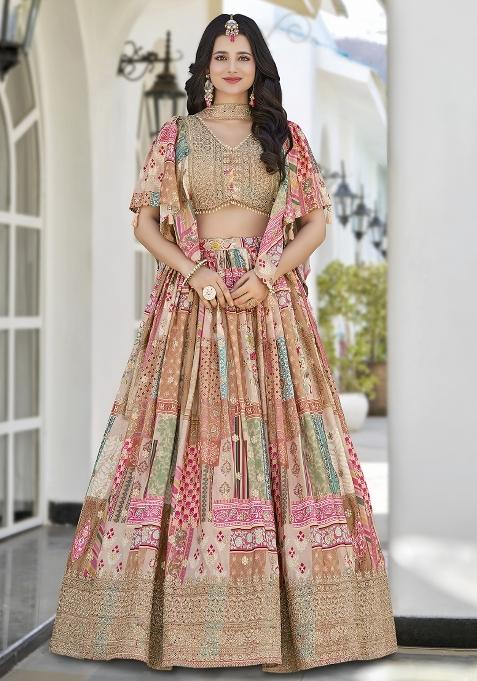 Beige Sequins And Thread Embroidery Work Georgette Lehenga Choli