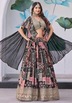 Black Sequins And Thread Embroidery Work Chinnon Silk Lehenga Choli