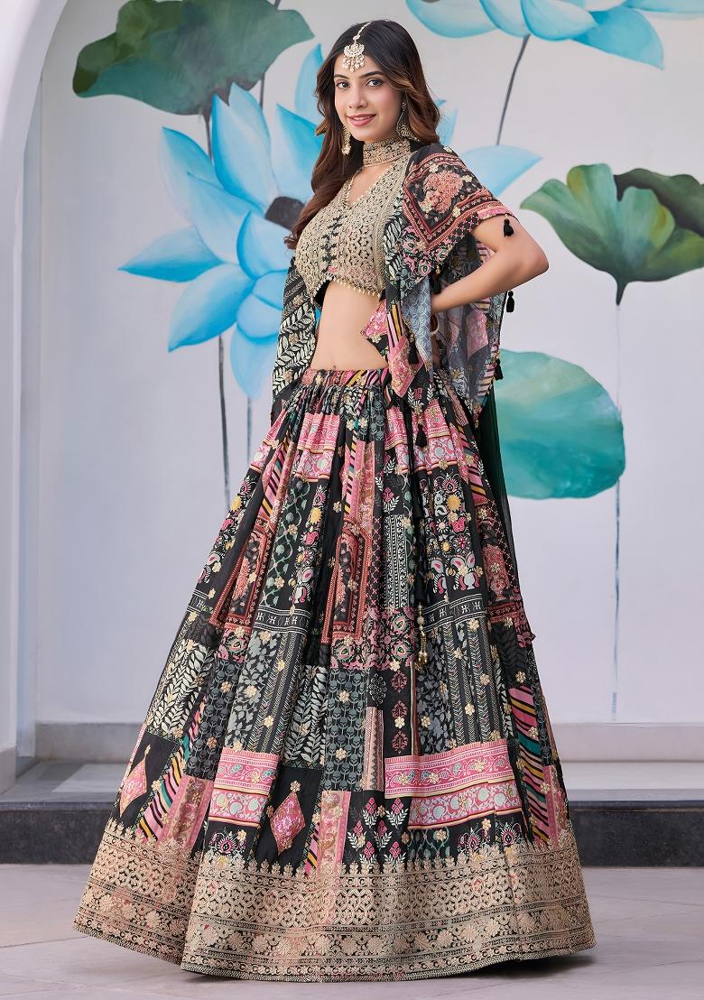 Black Sequins And Thread Embroidery Work Chinnon Silk Blend Lehenga Choli - Indya