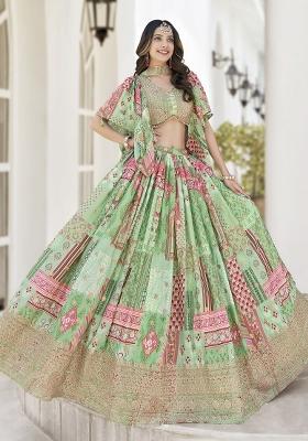 Green Sequins And Thread Embroidery Work Chinnon Silk Blend Lehenga Choli