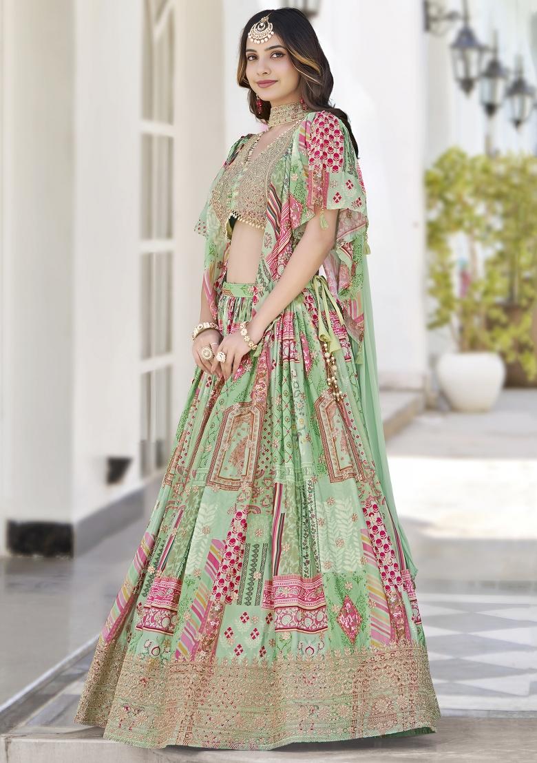 Green Sequins And Thread Embroidery Work Chinnon Silk Blend Lehenga Choli - Indya