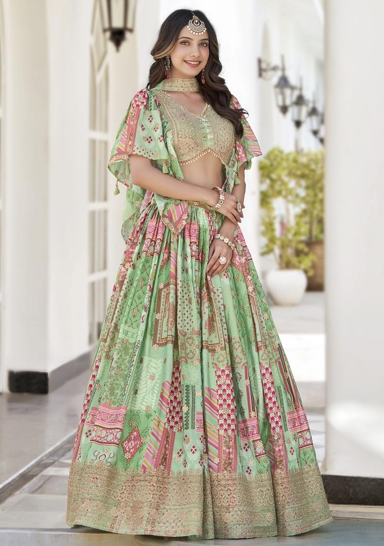 Green Sequins And Thread Embroidery Work Chinnon Silk Blend Lehenga Choli - Indya
