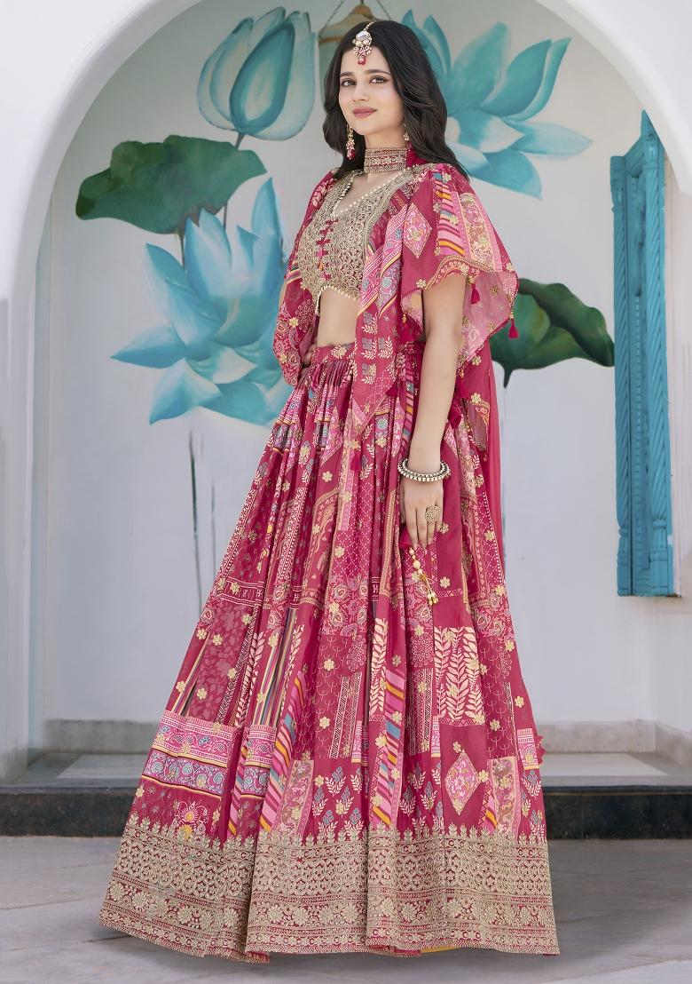 Pink Sequins And Thread Embroidery Work Chinnon Silk Blend Lehenga Choli - Indya