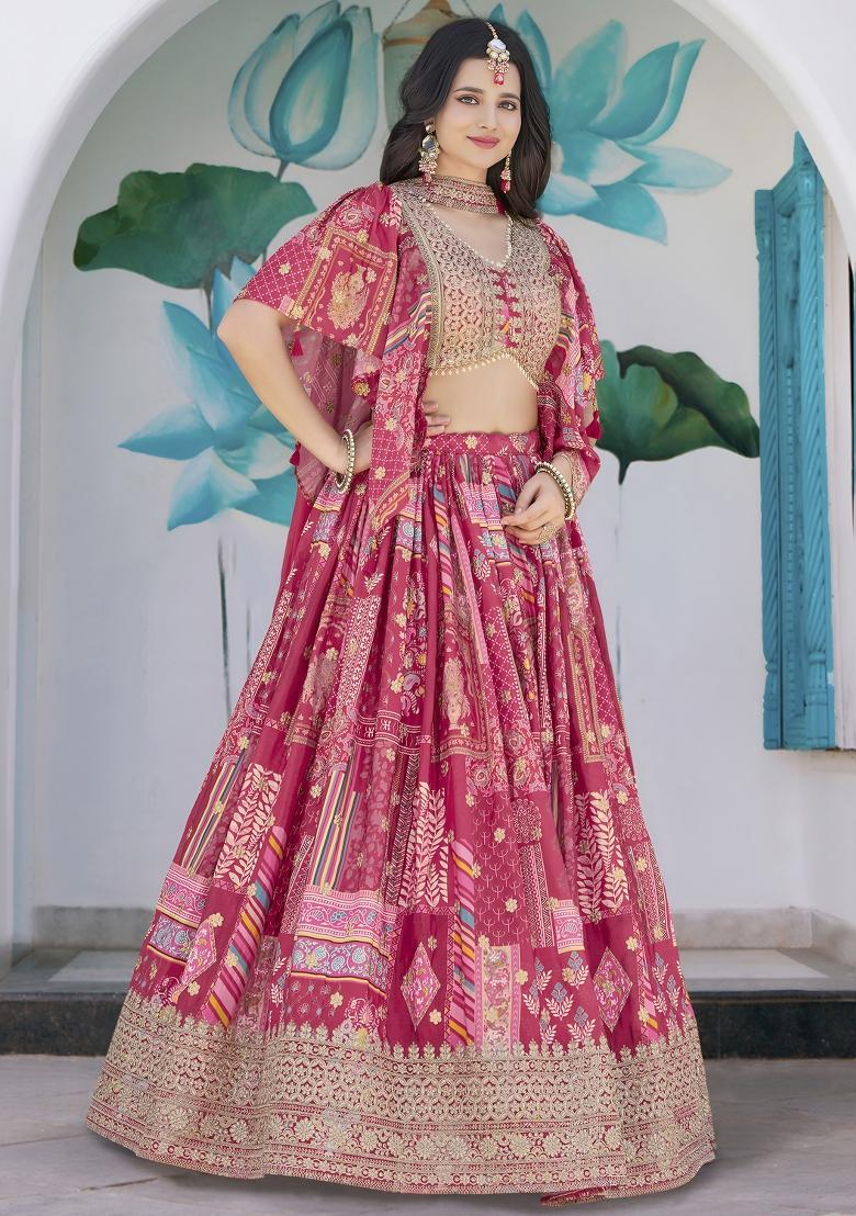 Pink Sequins And Thread Embroidery Work Chinnon Silk Blend Lehenga Choli - Indya