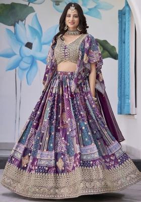 Purple Sequins And Thread Embroidery Work Chinnon Silk Blend Lehenga Choli