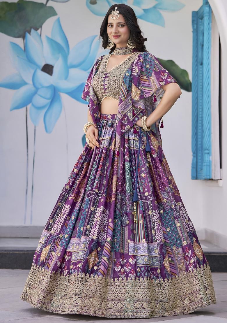 Purple Sequins And Thread Embroidery Work Chinnon Silk Blend Lehenga Choli - Indya