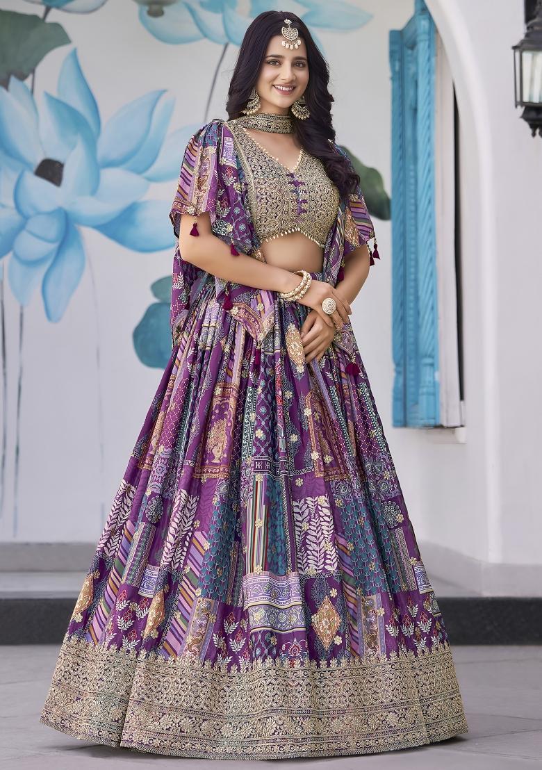 Purple Sequins And Thread Embroidery Work Chinnon Silk Blend Lehenga Choli - Indya