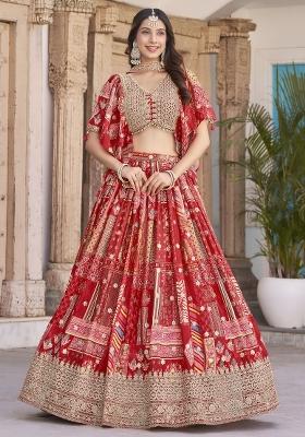 Red Sequins And Thread Embroidery Work Chinnon Silk Lehenga Choli
