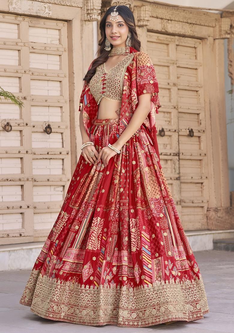 Red Sequins And Thread Embroidery Work Chinnon Silk Blend Lehenga Choli - Indya