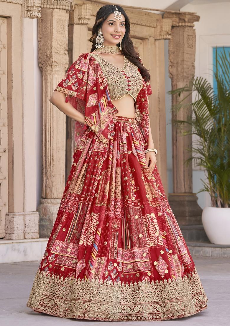 Red Sequins And Thread Embroidery Work Chinnon Silk Blend Lehenga Choli - Indya