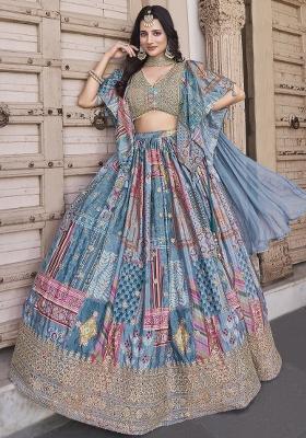 Sky Blue Sequins And Thread Embroidery Work Chinnon Silk Lehenga Choli