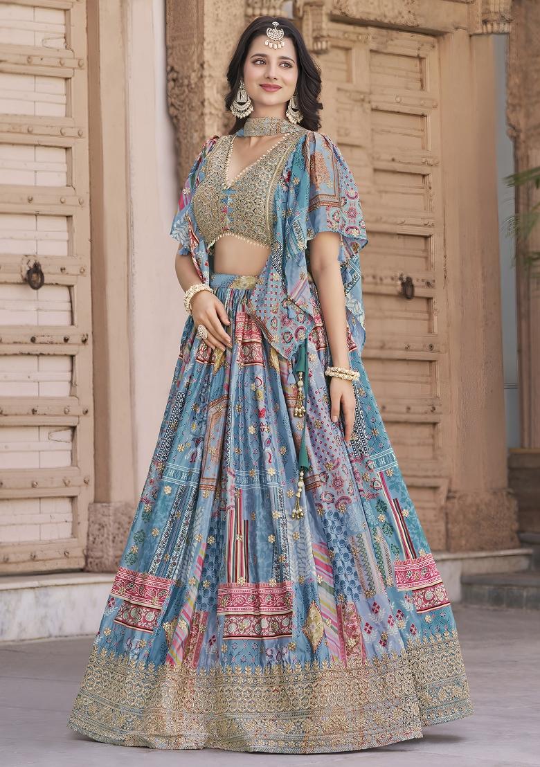 Sky Blue Sequins And Thread Embroidery Work Chinnon Silk Blend Lehenga Choli - Indya