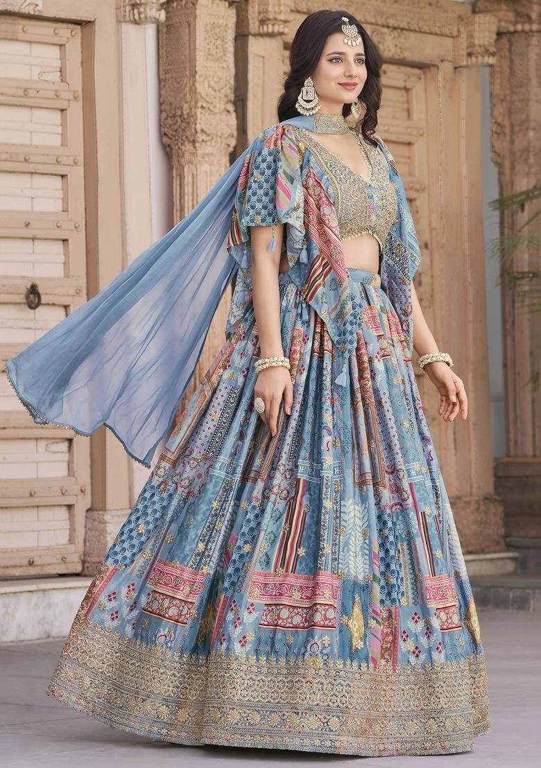 Sky Blue Sequins And Thread Embroidery Work Chinnon Silk Blend Lehenga Choli - Indya