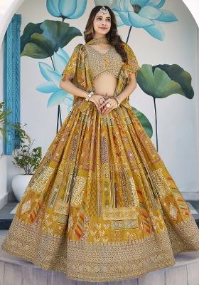 Yellow Sequins And Thread Embroidery Work Chinnon Silk Blend Lehenga Choli