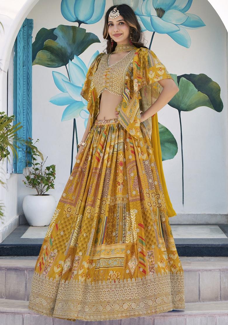 Yellow Sequins And Thread Embroidery Work Chinnon Silk Blend Lehenga Choli - Indya