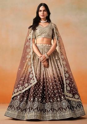 Brown Sequins And Thread Embroidery Work Georgette Lehenga Choli