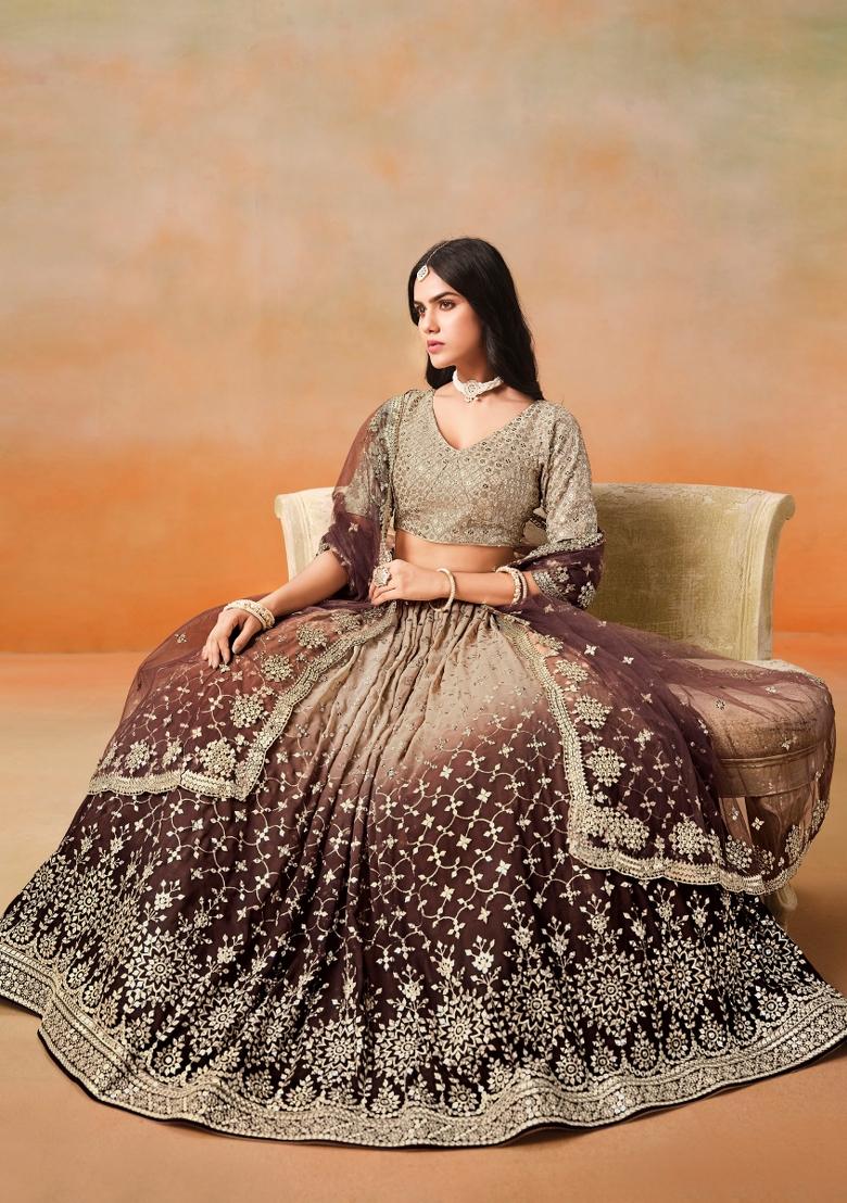 Brown Sequins And Thread Embroidery Work Georgette Lehenga Choli - Indya