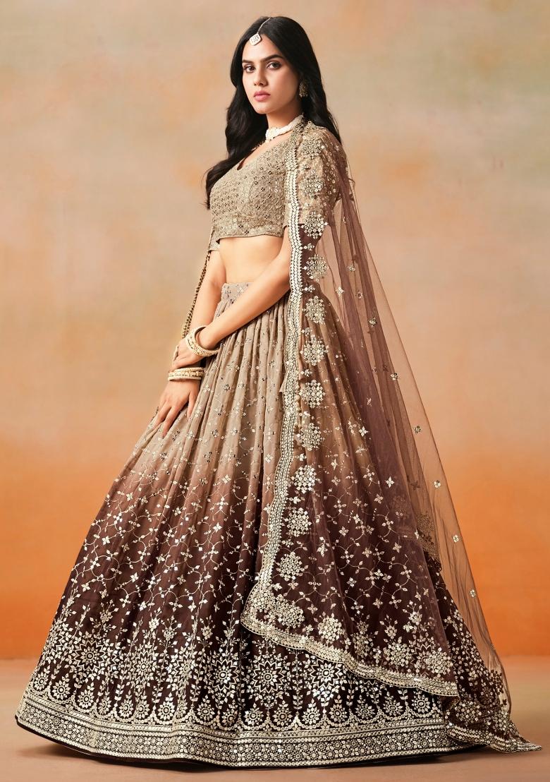 Brown Sequins And Thread Embroidery Work Georgette Lehenga Choli - Indya