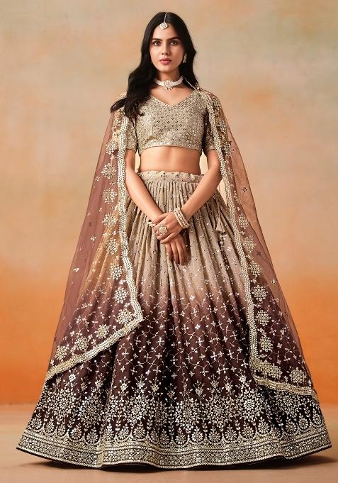 Brown Sequins And Thread Embroidery Work Georgette Lehenga Choli