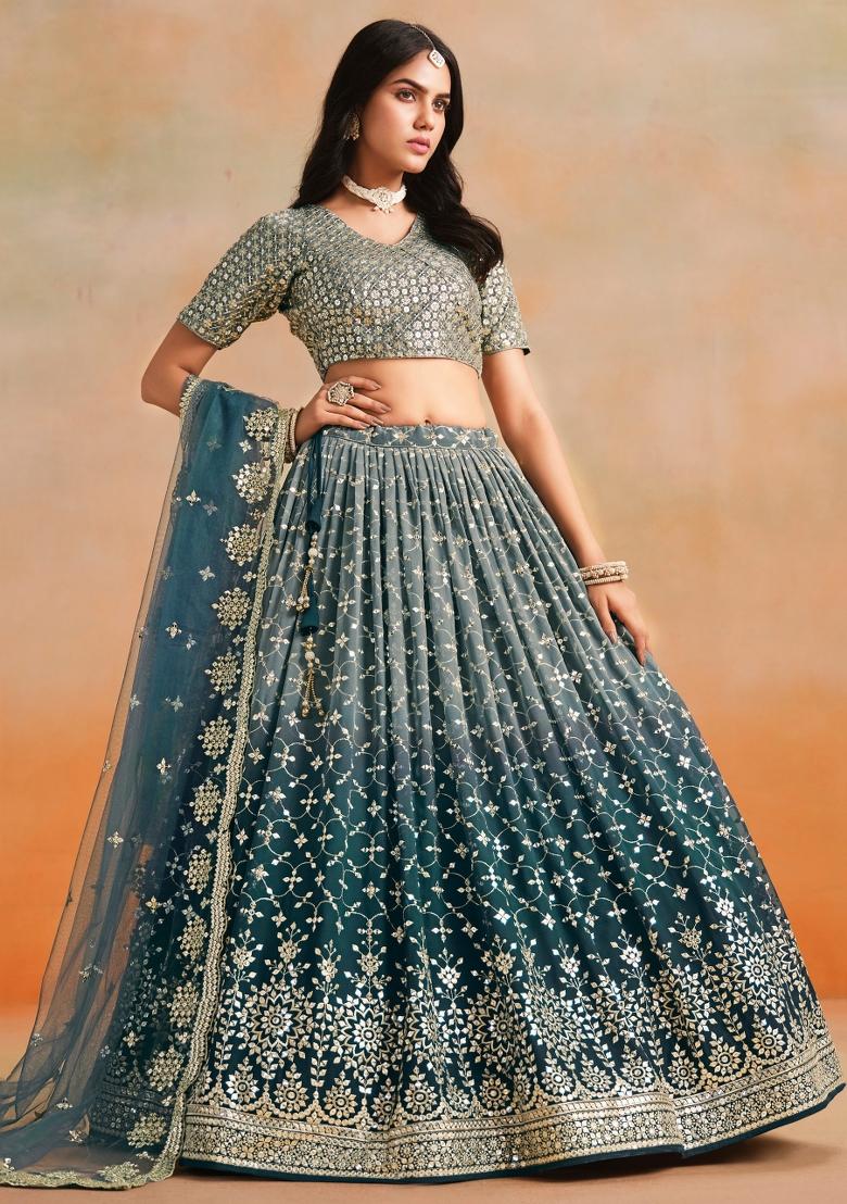 Dove Blue Sequins And Thread Embroidery Work Georgette Lehenga Choli - Indya