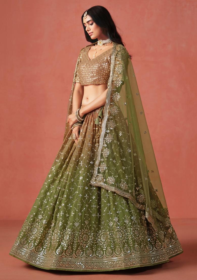 Mehendi Sequins And Thread Embroidery Work Georgette Lehenga Choli - Indya