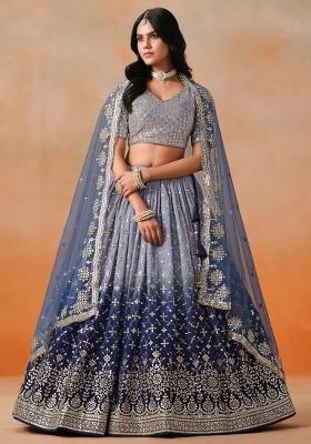 Navy Blue Sequins And Thread Embroidery Work Georgette Lehenga Choli
