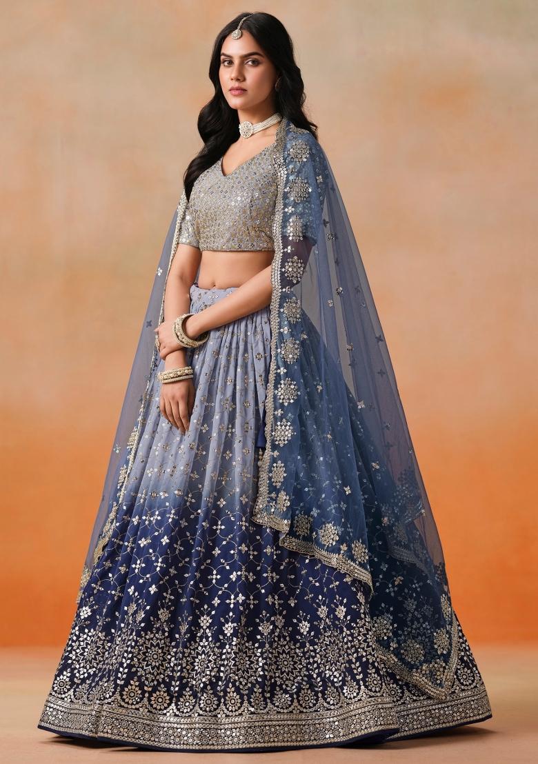 Navy Blue Sequins And Thread Embroidery Work Georgette Lehenga Choli - Indya