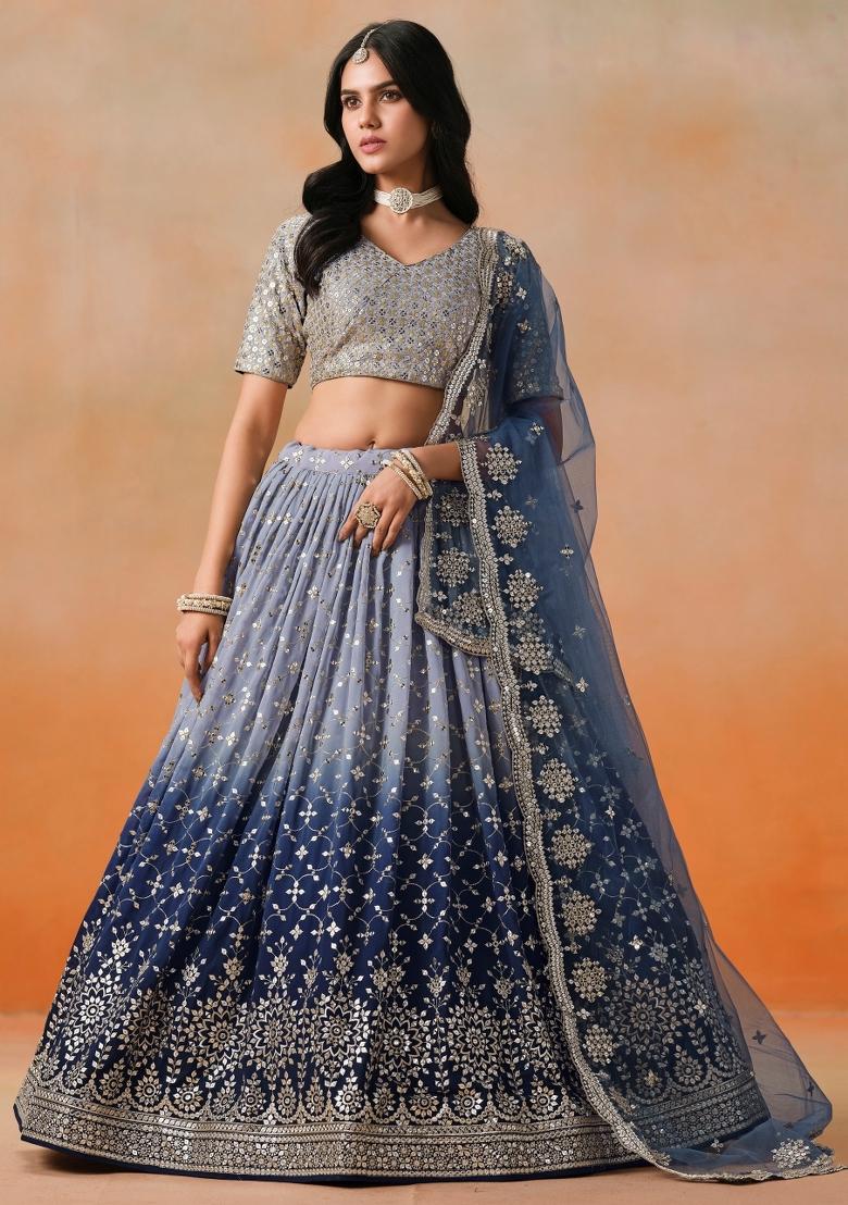 Navy Blue Sequins And Thread Embroidery Work Georgette Lehenga Choli - Indya