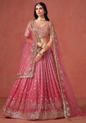 Peach Sequins And Thread Embroidery Work Georgette Lehenga Choli
