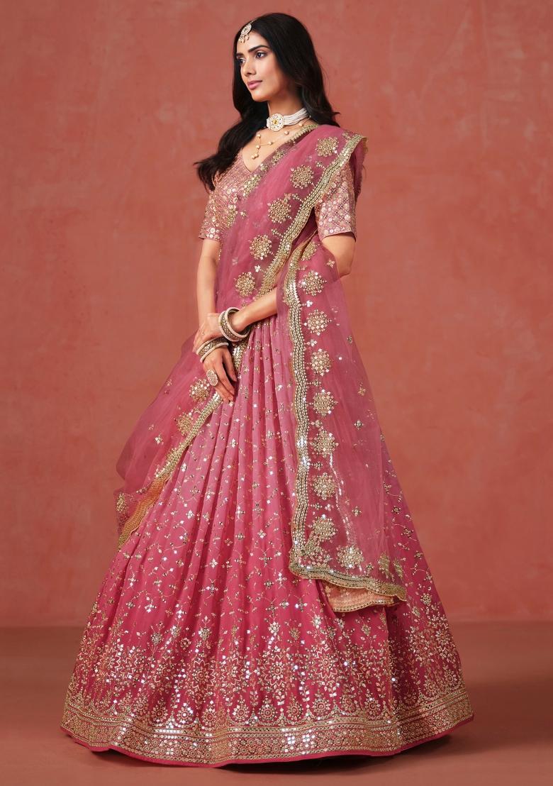 Peach Sequins And Thread Embroidery Work Georgette Lehenga Choli - Indya